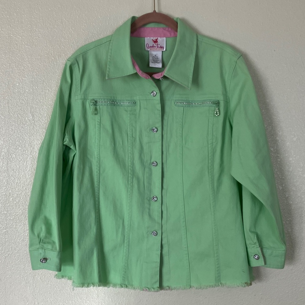 Quacker Factory Rhinestone Button Spring Green Jacket, 1X - Picture 1 of 7